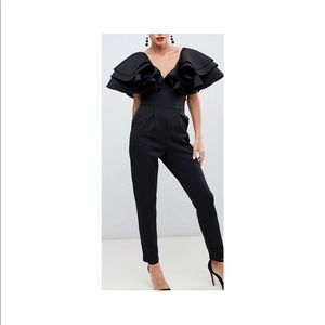 Plunge Front Jumpsuit w Shoulder Frill Detail